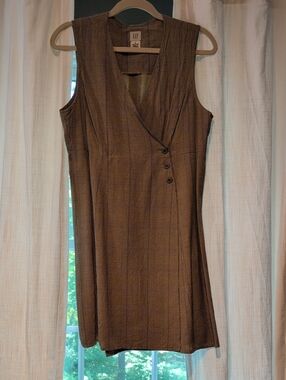 GAP Brown Plaid Faux-Wrap Sleeveless Dress
